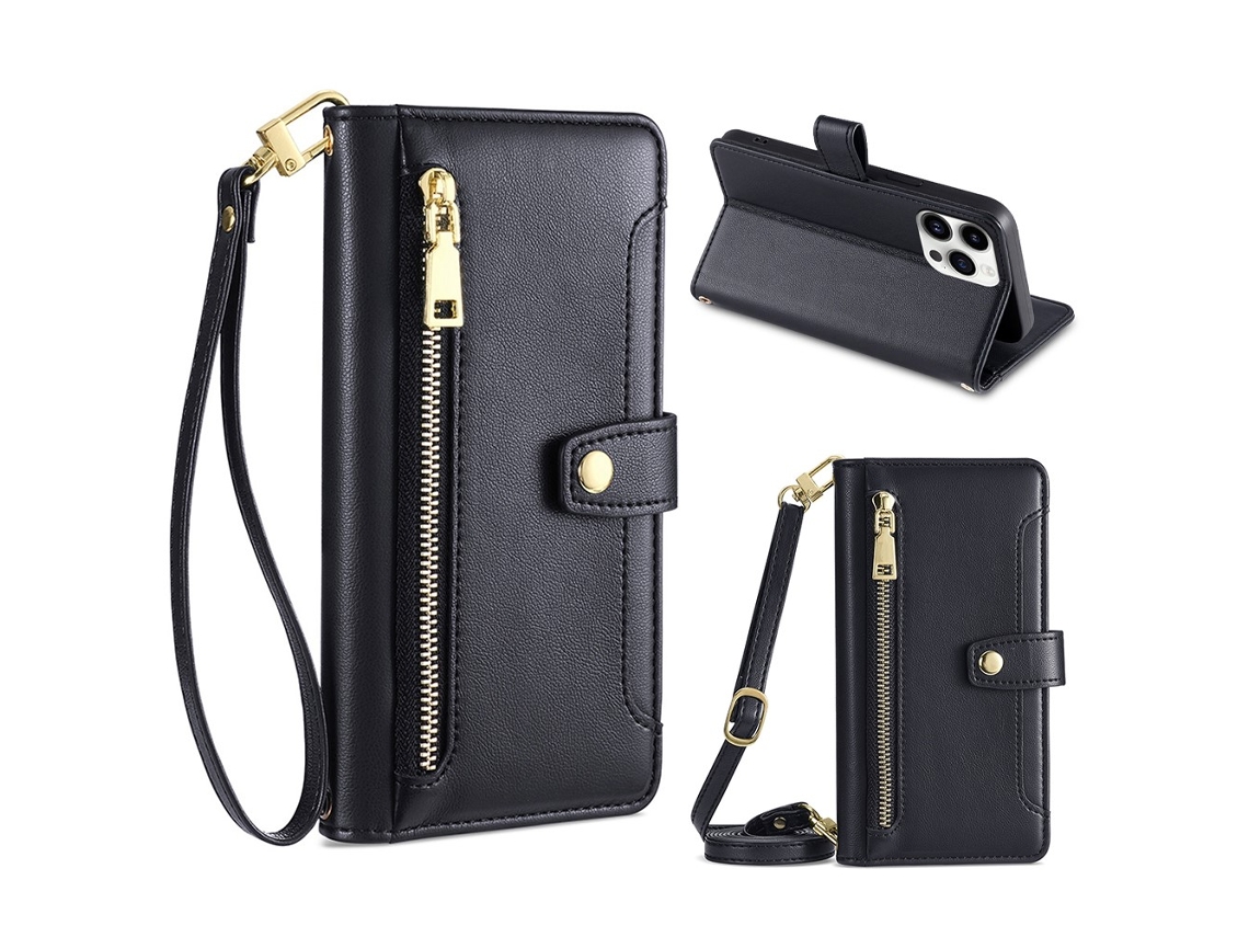 Capa Pega Para Iphone 15 Pro Pele Sintética Com Porta-cartões Preto