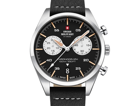 Relógio masculino preto couro real cronógrafo Sm34090.03 SWISS MILITARY BY CHRONO