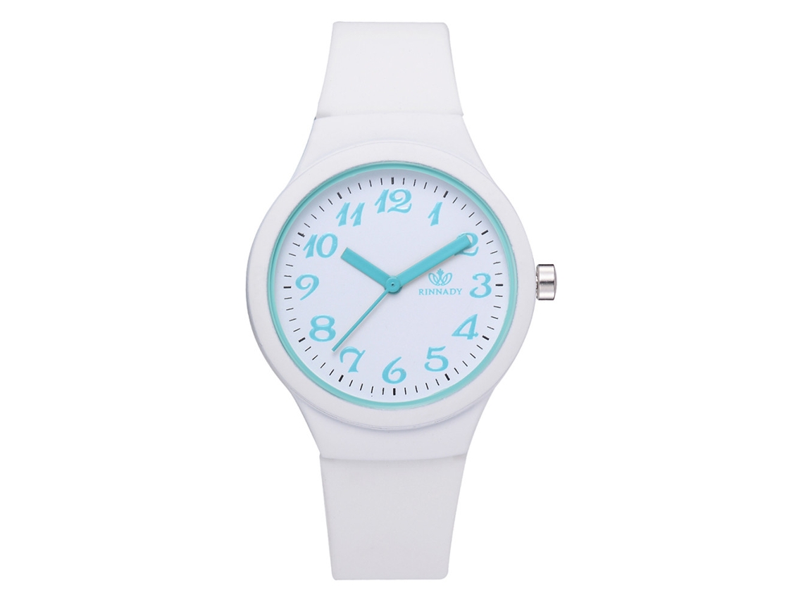 Relógio de pulso clássico de quartzo com pulseira de silicone para estudantes, modelo redondo e moderno na cor branca.