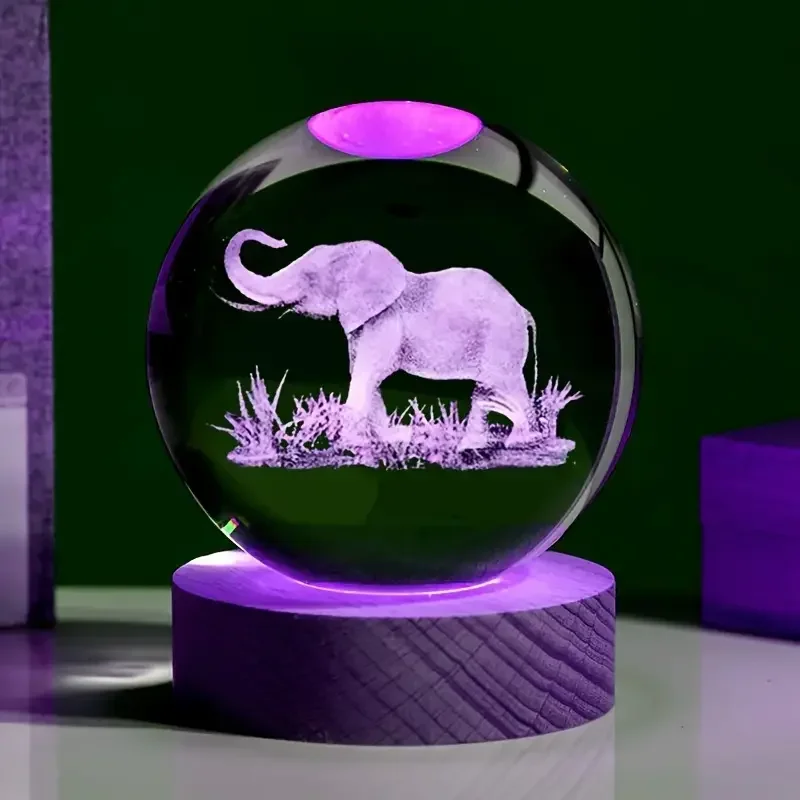 Bola de Cristal Elefante 3d de 6cm com Base de Luz Led MDUG (luzes Coloridas)