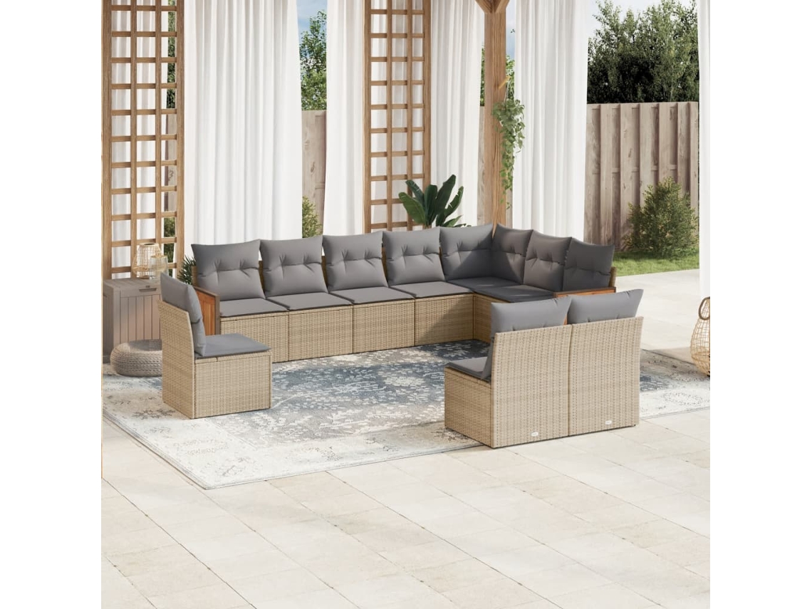 Vidaxl 10 Pcs Conjunto de Sofás P/ Jardim com Almofadões Vime Pe Bege