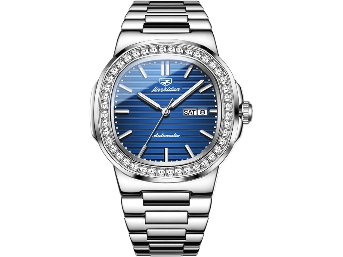 VEANXIN Relógio Masculino Automático Prata e Ouro Relógio de Negócios Mecânico Aço Inoxidável À Prova Dwaterproof Água Luminosa Dataazul Prateado