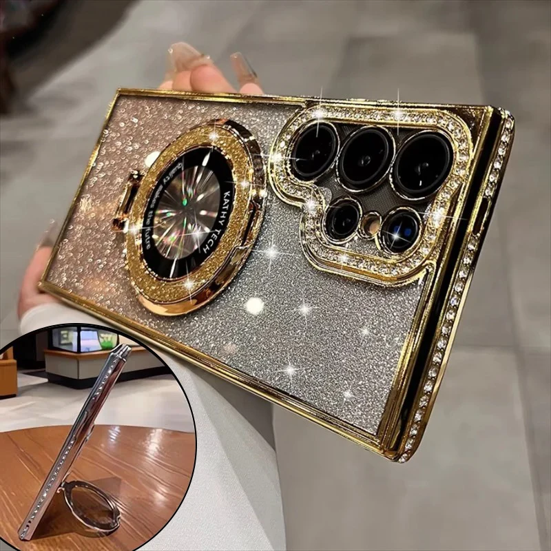 Capa Magnética Para Celular Samsung S24 Plus (dourada) Com Strass Em Degradê E Suporte Magsafe.