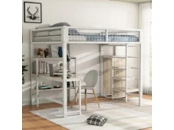Cama Mezanino Ferro Branca 140x200cm, Escada, Prateleiras, Guarda-roupa, Mesa.-op