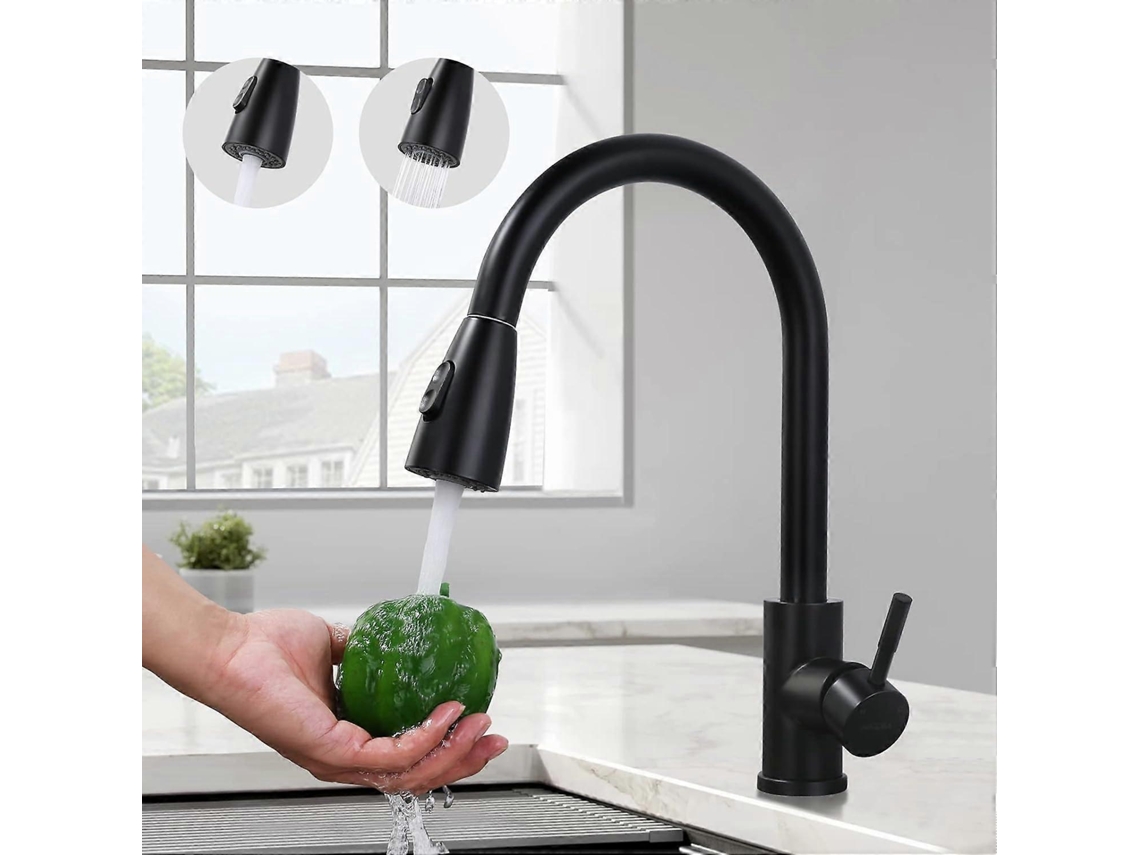 Grifo de Cozinha Preto Aço Inoxidável com Spray Extraível 2 Modos de Jato Altura Ajustável e Rotação de 360 Graus