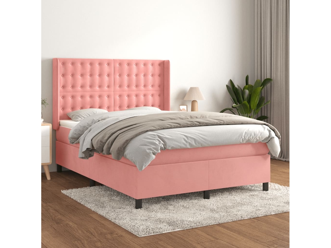 Vidaxl Cama com Molas/colchão 140x190 Cm Veludo Rosa