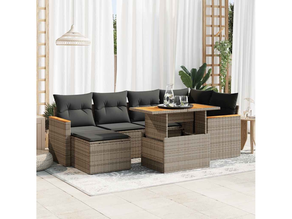 Vidaxl 7 Pcs Conjunto Sofás Jardim Almofadões Vime Pe/acácia Cinzento