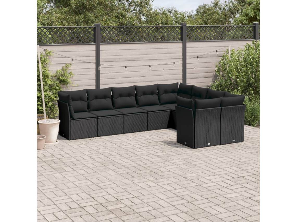 Jogo de Sofá 9 Peças P/ Jardim C/ Almofadões Vime Pe Preto Dkd Home Decor
