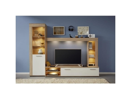 Móvel de TV LOGO - 1 porta - LED - Carvalho claro e melamina branca fosca - 240 x 41 x 185 cm TRENDS INTERNATIONAL