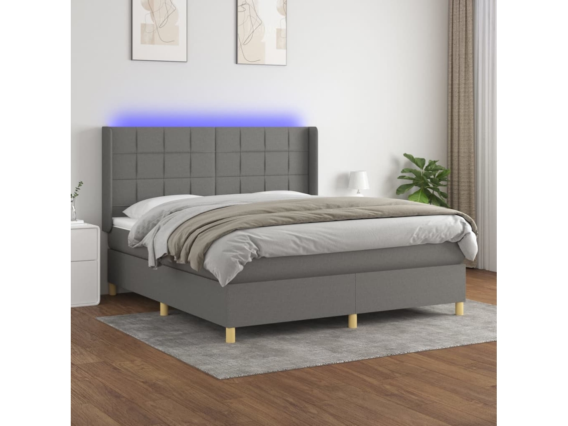 Vidaxl Cama Box Spring C/ Colchão E Led 180x200 Cm Tecido Cinza-escuro
