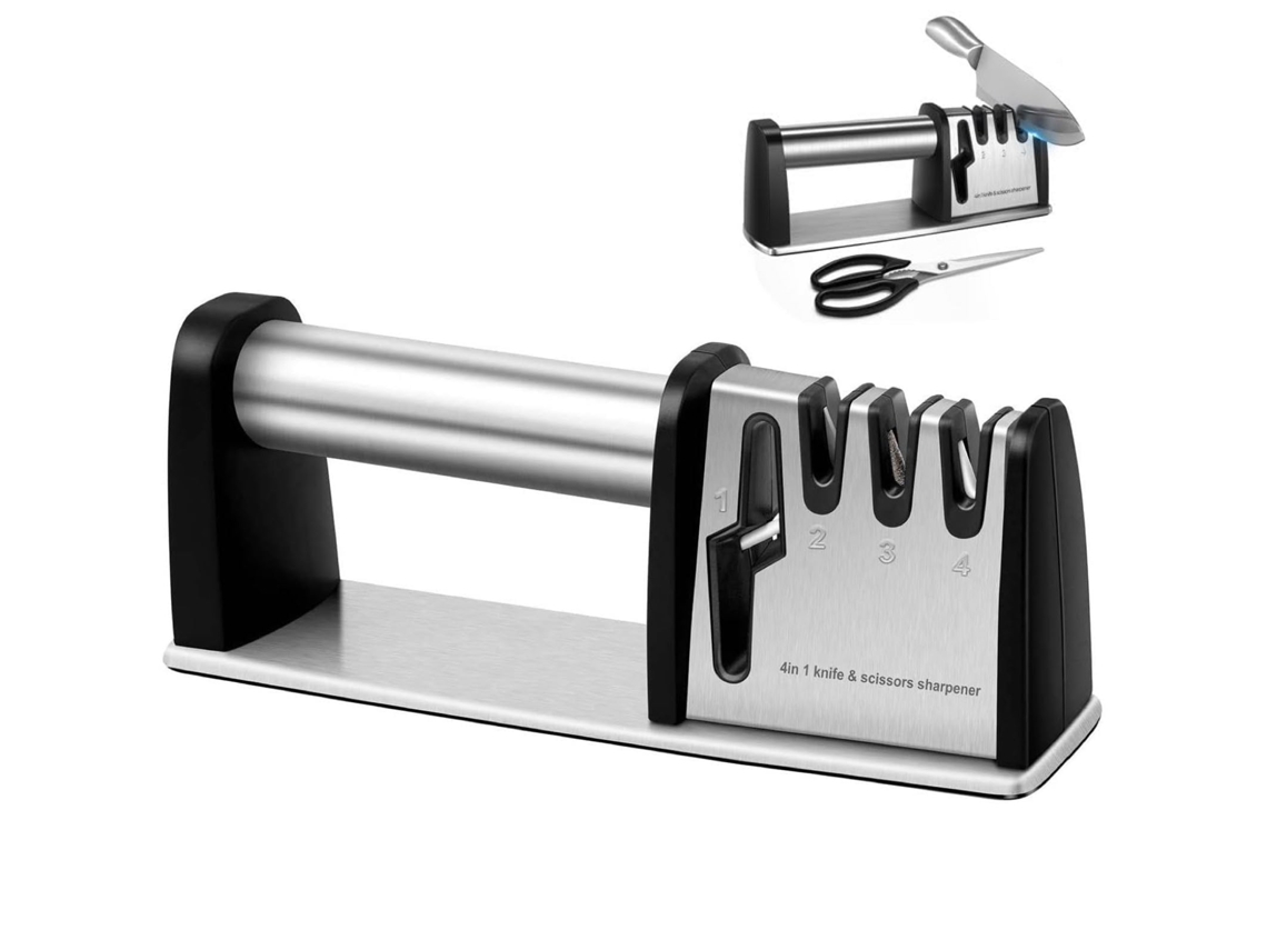 Afiador Facas 4 Em 1 - Utensílio Cozinha - Afiador Facas E Tesouras - Afiação Rápida - Aço Inoxidável - Prateado