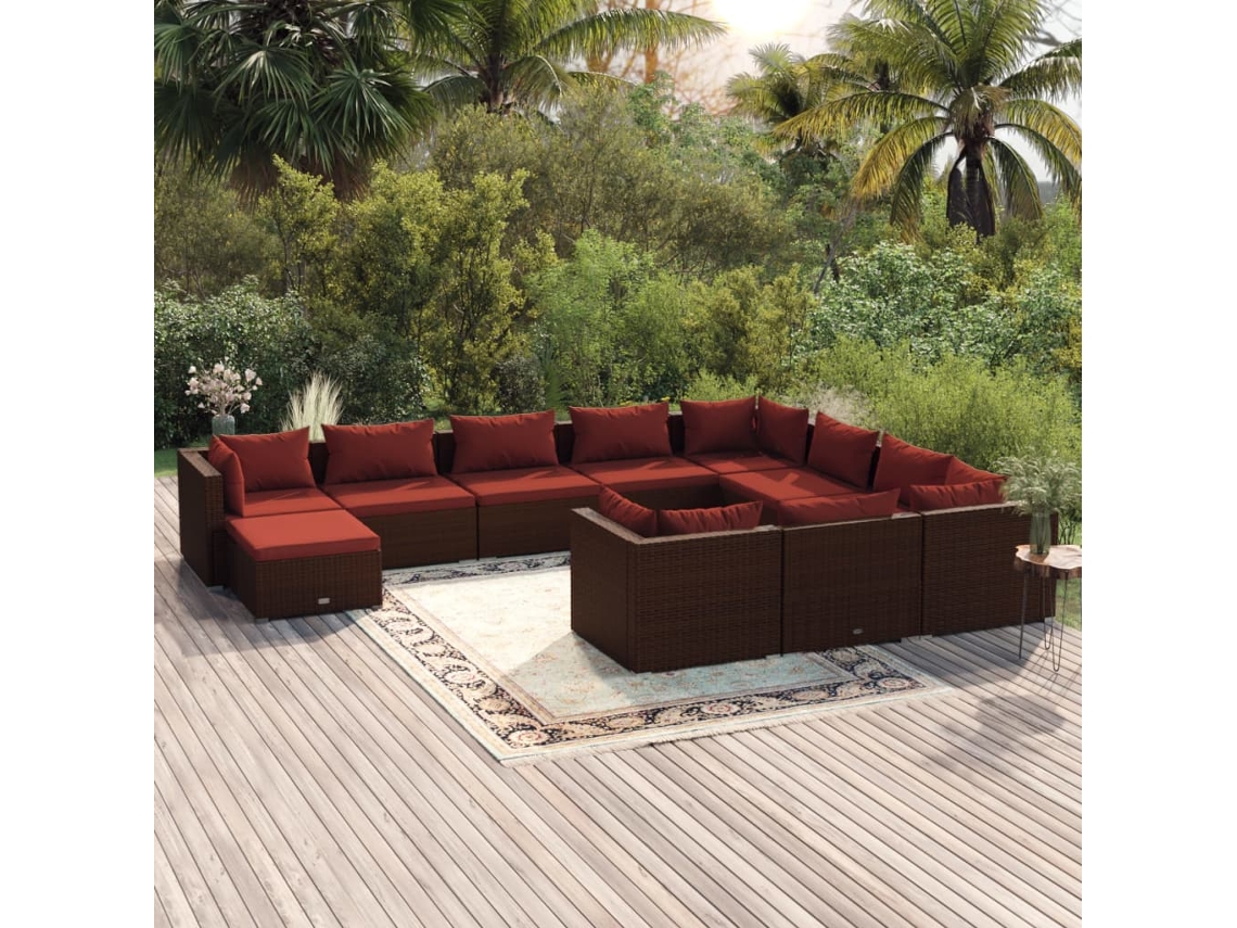 Vidaxl 11 Pcs Conjunto Lounge Jardim C/ Almofadões Vime Pe Castanho