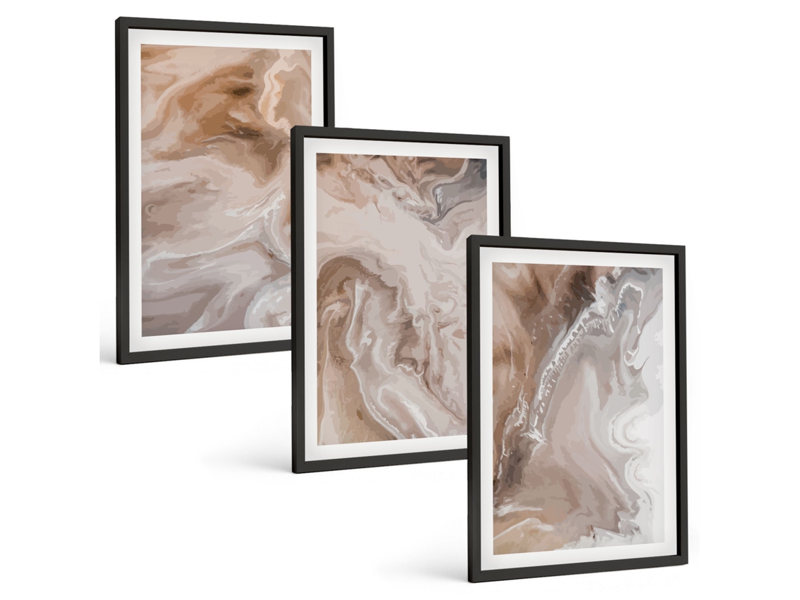 Pinturas Murais Modernas Pedra, Mármore Abstrato Moldura Preta Quadros Para O Escritório Espelharte (3 Piezas De 40x60 Cm)