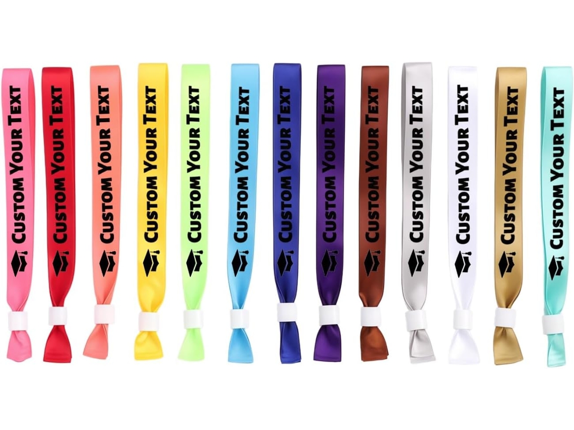 50 pulseiras têxteis personalizadas para eventos, pulseiras de identificação com nome e texto impressos na mão.