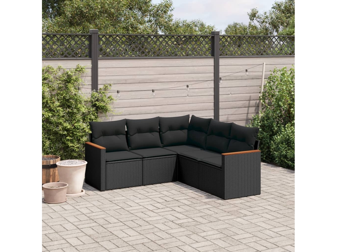 Conjunto de 5 Sofás de Jardim com Almofadas Vime Pe Preto Dkd Home Decor