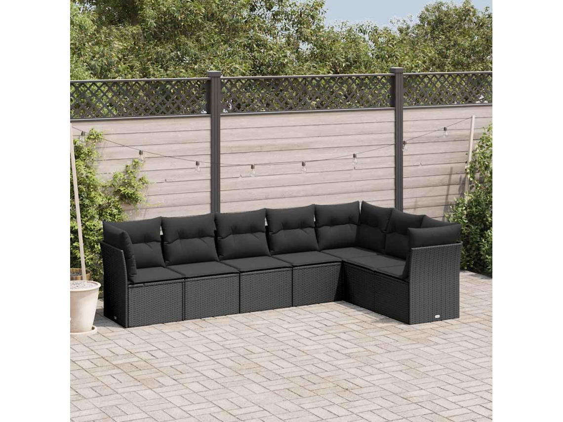Vidaxl 7 Pcs Conjunto De Sofás P/ Jardim C/ Almofadões Vime Pe Preto