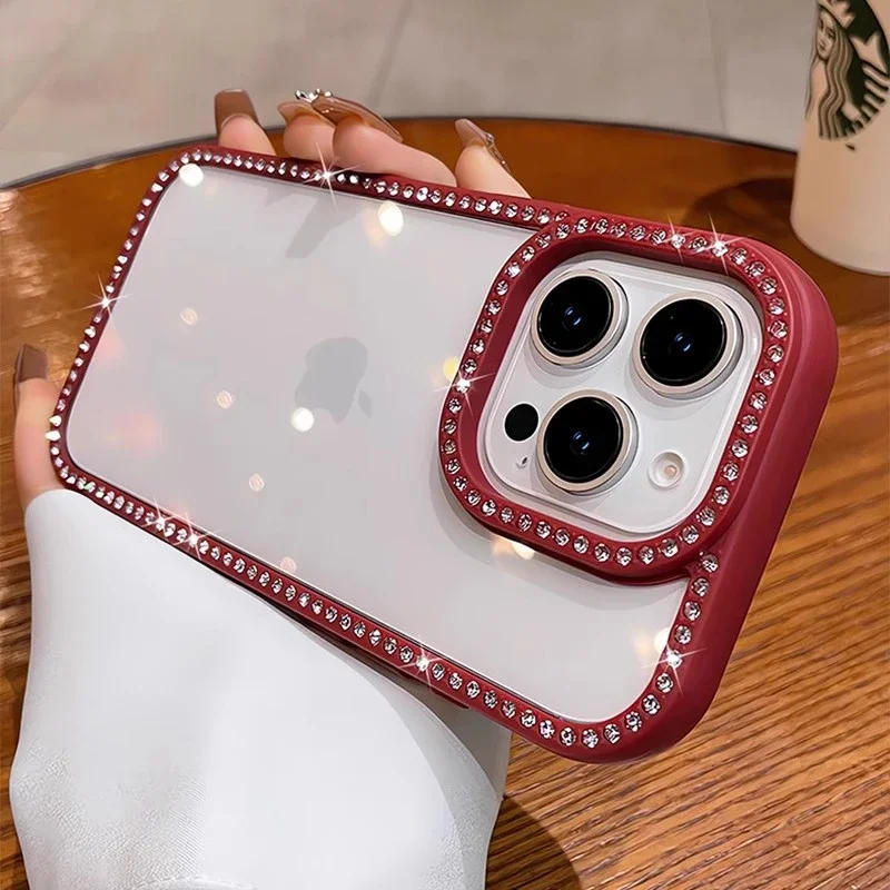 Capa Transparente Para Celular (iphone 13, Vermelha) Com Strass Brilhantes, Proteção Contra Impactos E Estrutura Rígida De Acrílico.