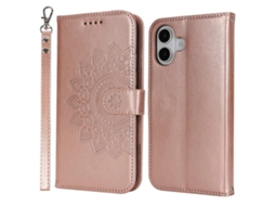 Capa Tipo Carteira De Couro Texturizado Com Suporte Para Iphone 16 Plus E Alça Em Ouro Rosa