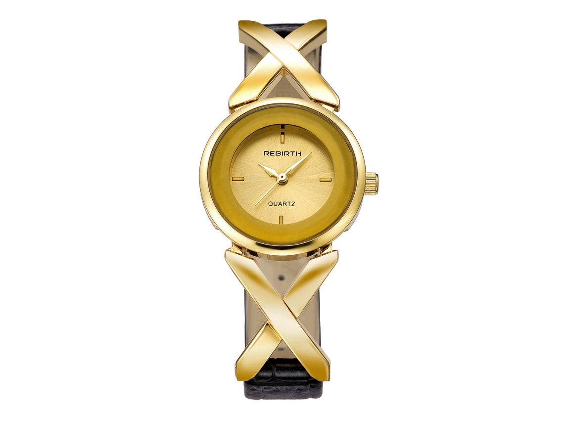 Relógio de Pulso Feminino de Quartzo com Cinto de Couro Pu Estilo Elegante Dourado