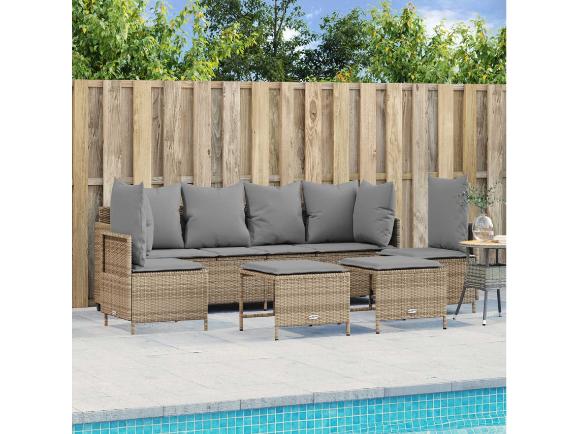 5 Pcs Conjunto De Sofás P/ Jardim Com Almofadões Vime Pe Bege Dkd Home Decor