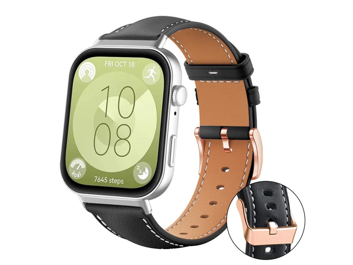 Bracelete Para Huawei Watch Fit 4 Pro / Fit 4 / Fit 3 - Couro Vegano - Estampa De Tubarão Preto - Fivela Dourada Rosa Preta