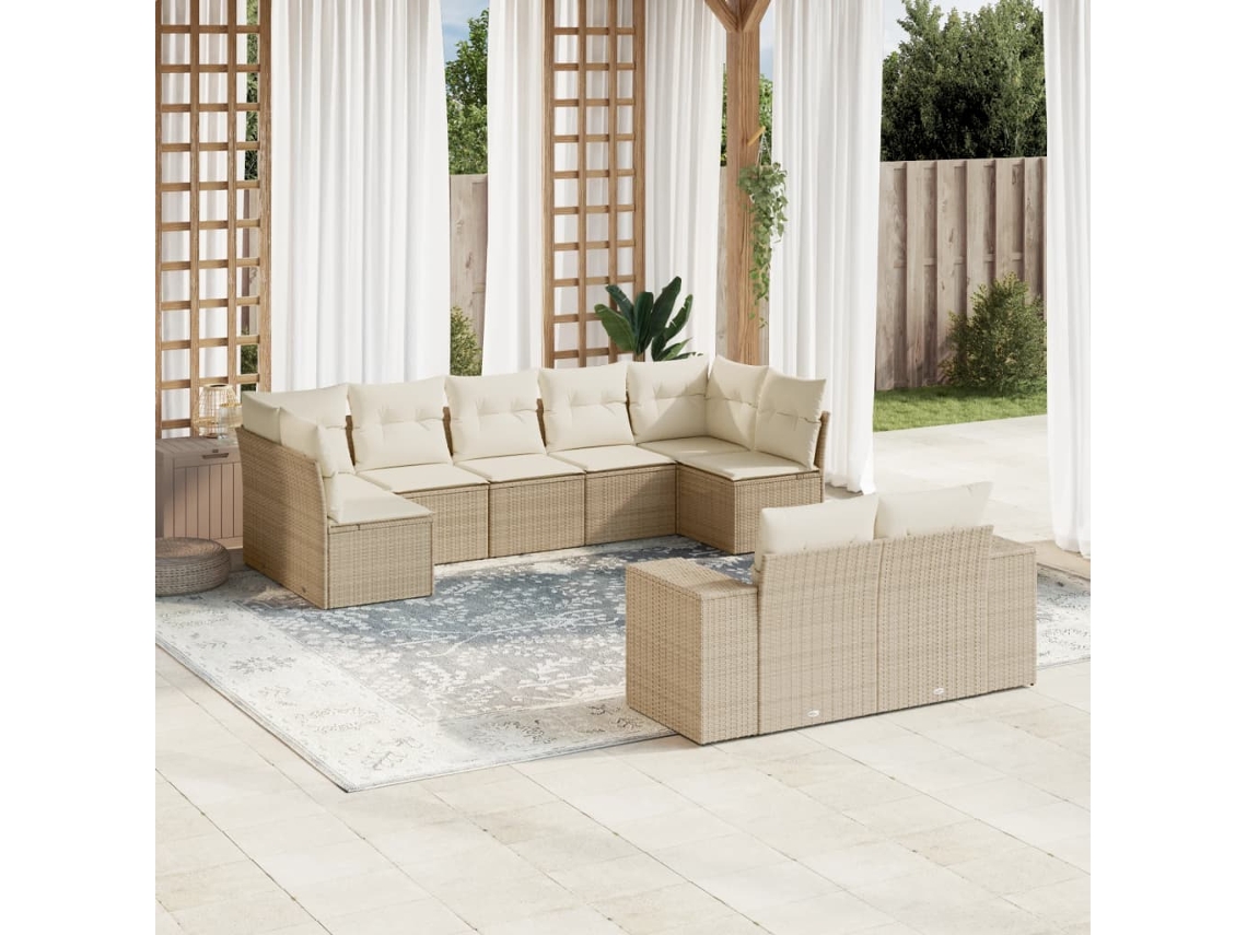 Vidaxl 9 Pcs Conjunto De Sofás P/ Jardim Com Almofadões Vime Pe Bege