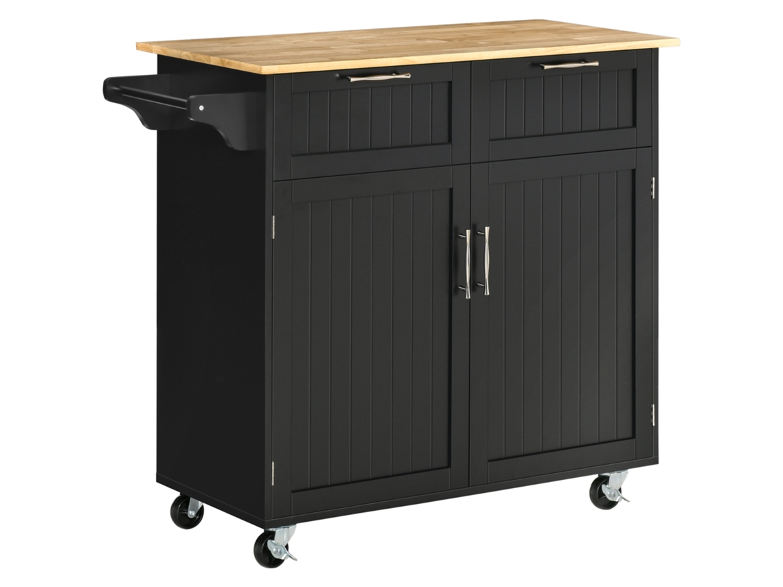 Carrinho de cozinha móvel com 2 gavetas 2 portas prateleira ajustável 104x46x91 cm preto