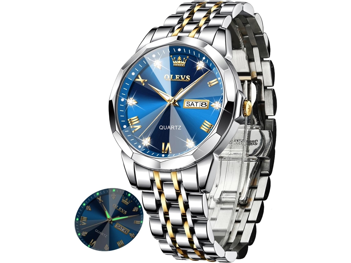 Lurelia Relógio Feminino, Movimento De Quartzo, Data/calendário, Luminoso, Duplo Fuso/mostrador, Detalhes Com Strass, Aço Inoxidável, Azul