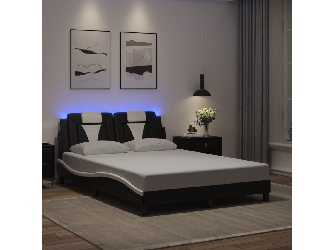 Estrutura Cama C/ Luzes Led 140x200cm Couro Artif. Preto/branco