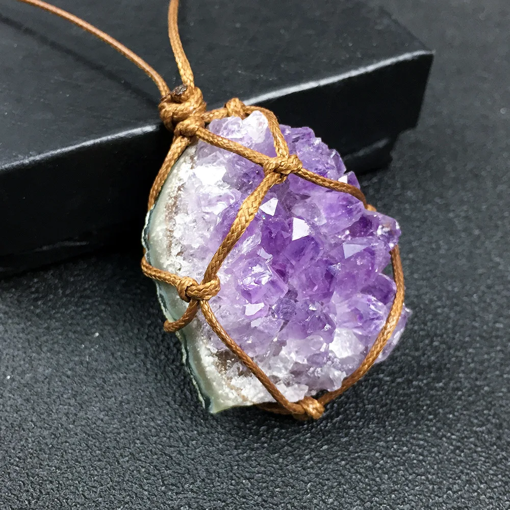 Colar Com Pingente De Ametista Em Formato De Aglomerado Para Cura Reiki, Cordão Trançado À Mão, Cristal Natural Irregular