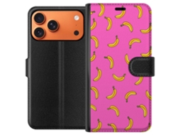 Capa Carteira Compatível Com Apple Iphone 17 Pro Max. Estampa Repetida De Bananas Amarelas Em Fundo Rosa, Um Design Simples E Moderno.