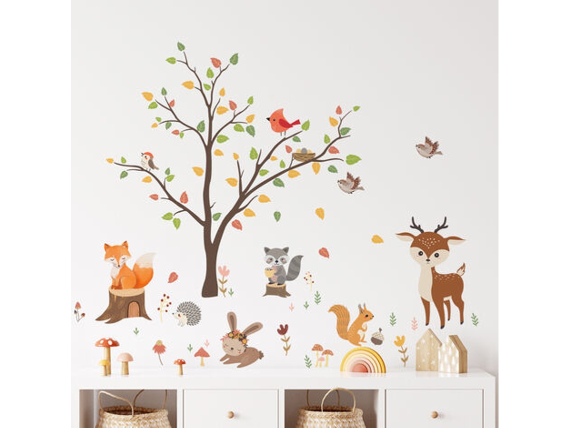 Adesivo De Parede De Animais, Árvores Da Floresta, Coruja, Raposa, Veado, Decoração De Parede, Quarto Infantil, Berçário Aquaforge