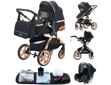 Carrinho de bebê 3 em 1 Yazoco com berço e cadeirinha, até 15 kg, preto dourado