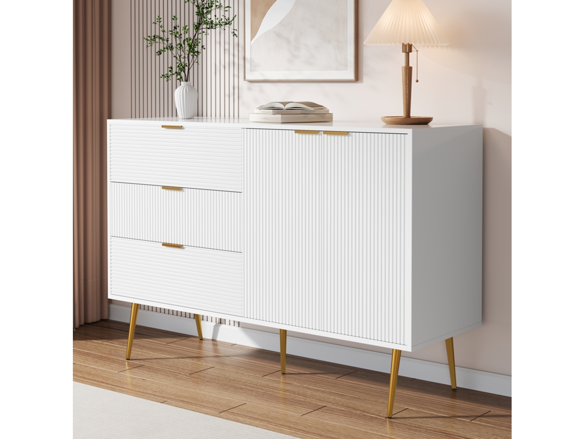 Aparador De Sala Com Portas, Gavetas, Prateleiras Internas E Pés Dourados. Ideal Para Organização E Estilo No Seu Ambiente. Mega Echo Trade Shop
