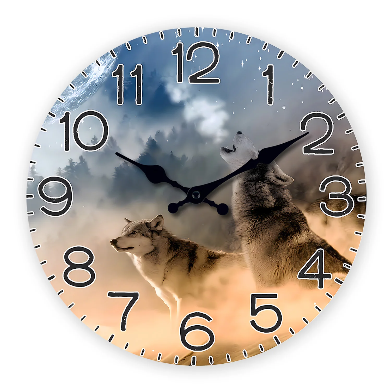 Relógio De Parede Moderno De Madeira Com Uivo De Lobo E Céu Estrelado (30 Cm), Relógio De Quartzo Silencioso