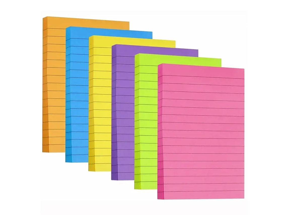 Blocos adesivos 6 unidades, 6 núcleos, 4x6 dobrados, papel colorido autoadesivo para mesa, casa, escola e reuniões, 50 folhas por bloco