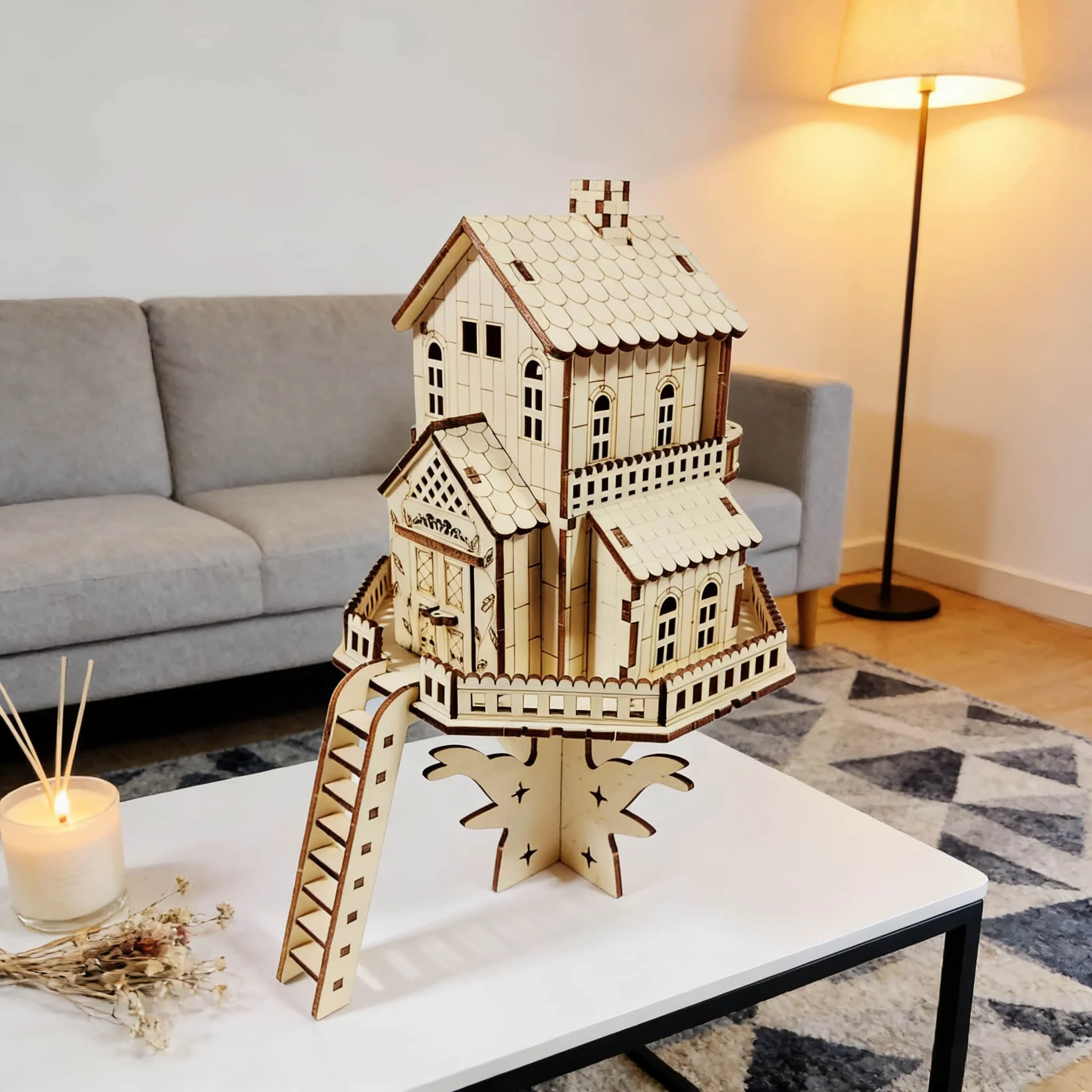Quebra cabeça 3d de Madeira: Cabana Estilo Floresta, Modelo de Casa na Árvore de Madeira para Montar. MDUG