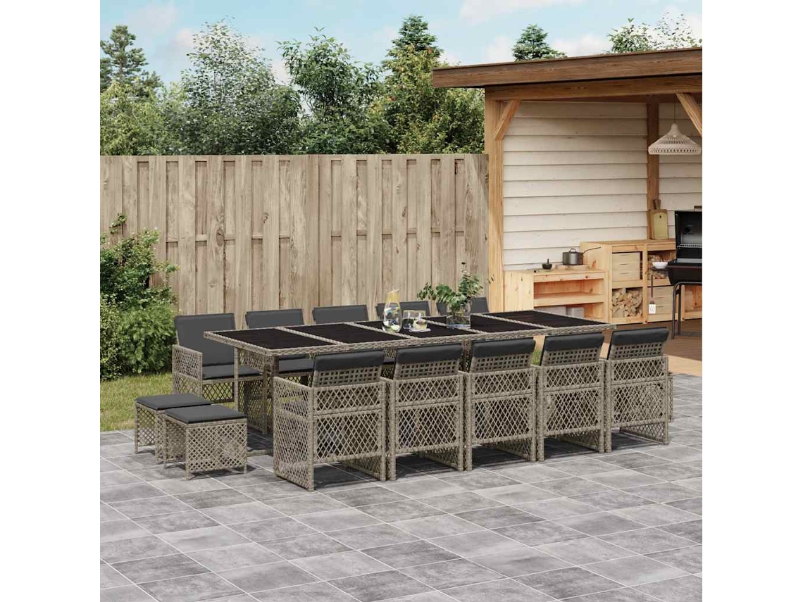 Vidaxl 15 Pcs Conjunto Jantar P/ Jardim C/ Almofadões Vime Pe Cinzento