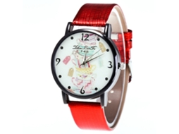 Relógio de quartzo unissex com pulseira de couro sintético, mostrador vermelho clássico e casual.