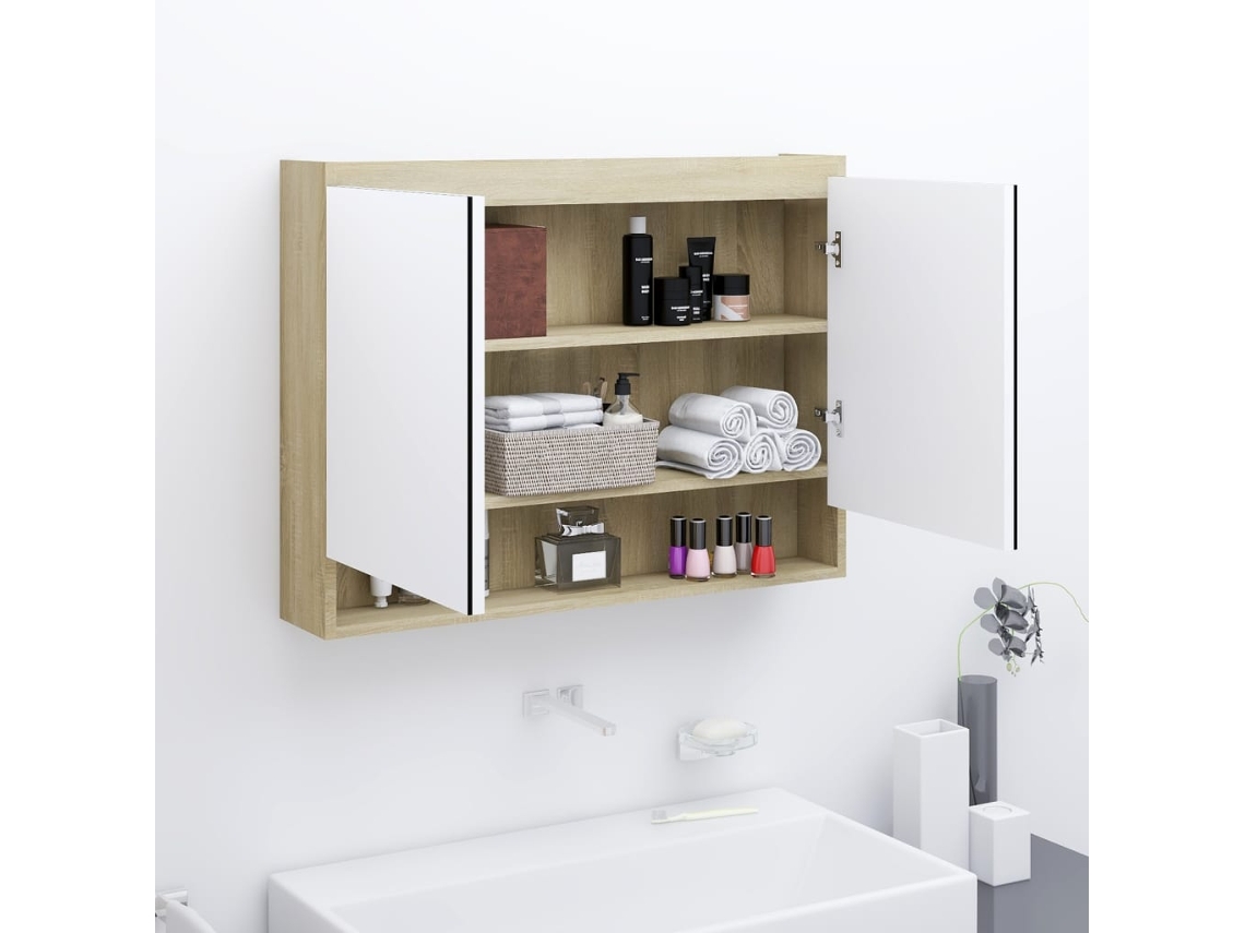 Vidaxl Armário Espelhado P/ Casa Banho 80x15x60 Cm Mdf Branco/carvalho