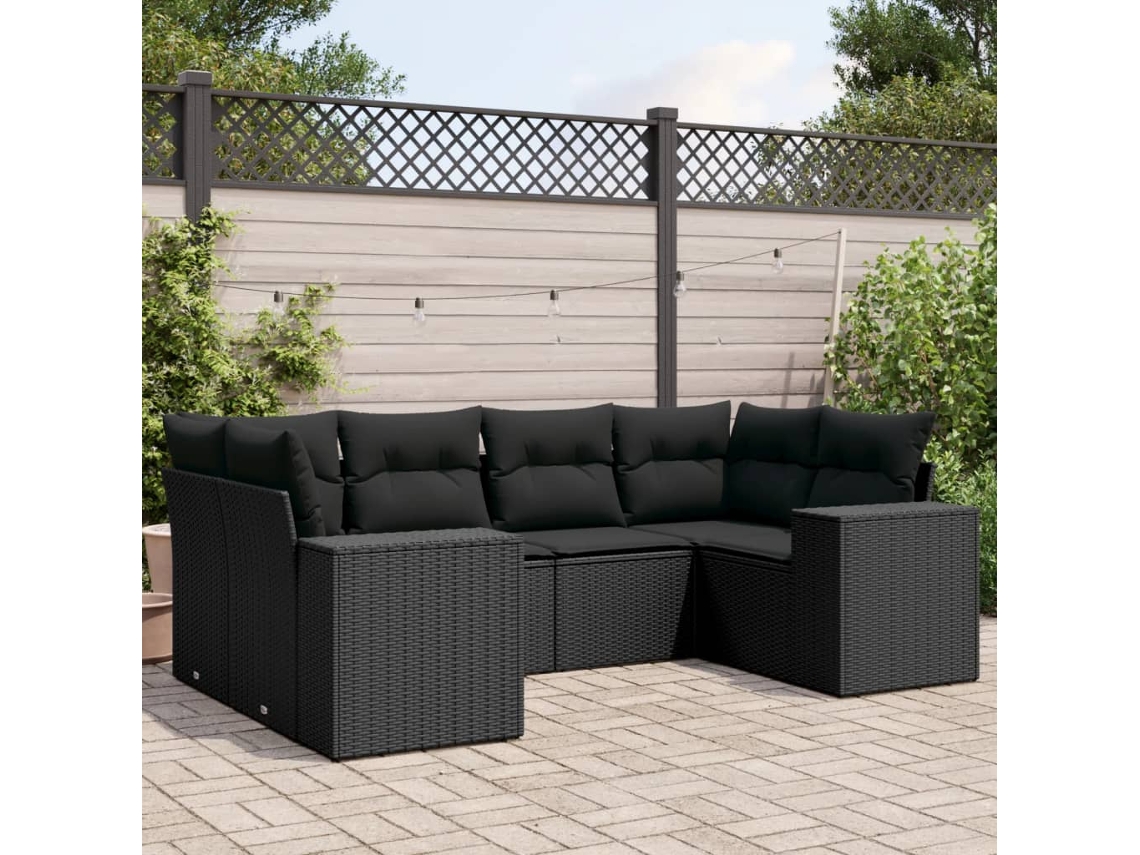 Vidaxl 6 Pcs Conjunto Sofás De Jardim C/ Almofadões Vime Pe Preto