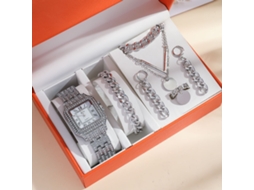 Conjunto de Presente, 5 piece Presente Feminino, Pulseira de Aço com Diamantes, Relógio, Colar, Brincos, Anel e Caixa de Presente SPQMENT (prateada)