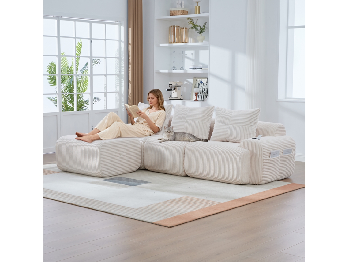 Sofá Modular Para 3 Pessoas Com Banquetas, Combinável, Com Porta-copos E Bolso Lateral. Ideal Para Sala E Família. Bege.