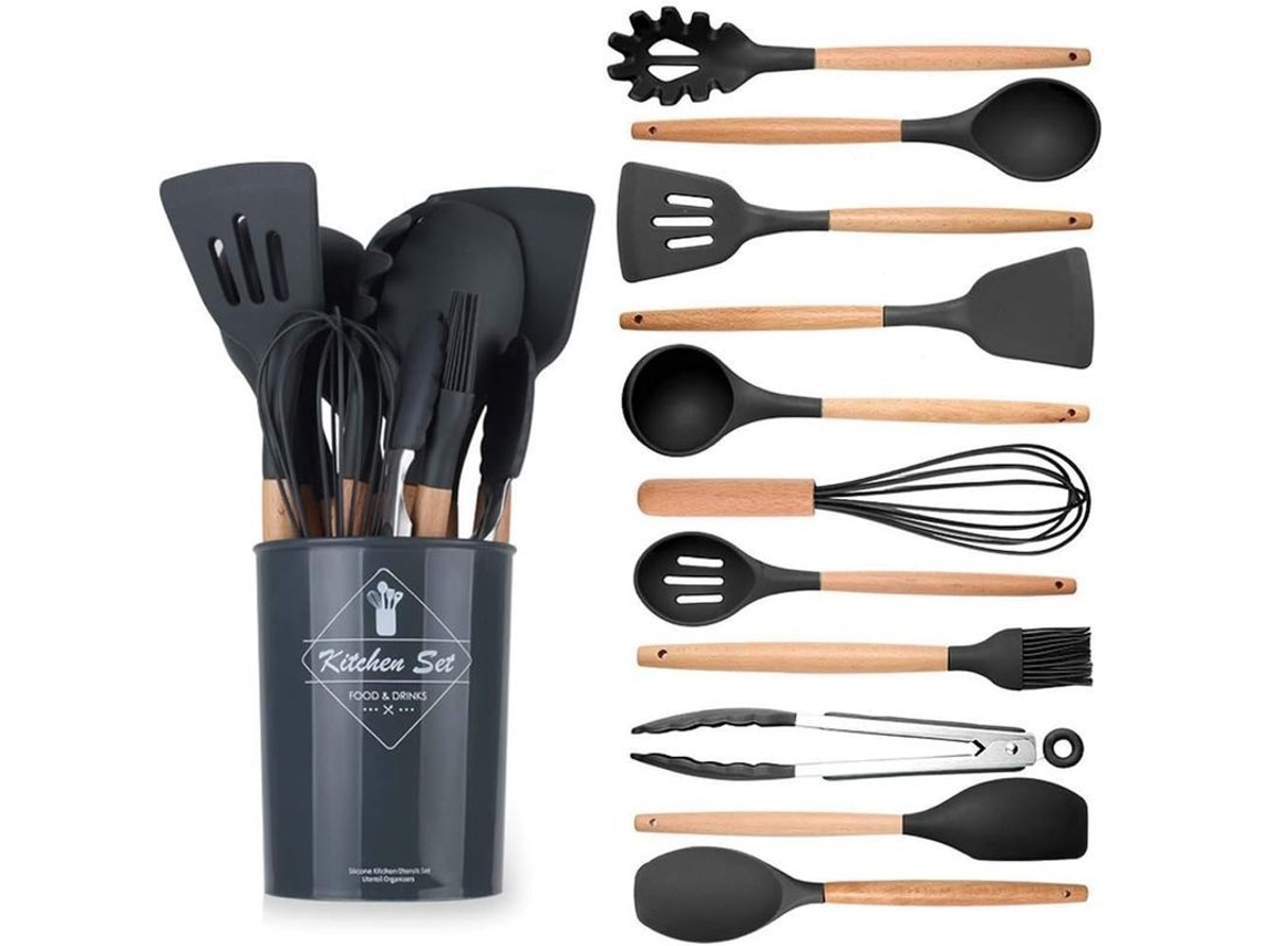 Conjunto De 12 Utensílios De Cozinha De Silicone Antiaderente Resistente Ao Calor Com Suporte