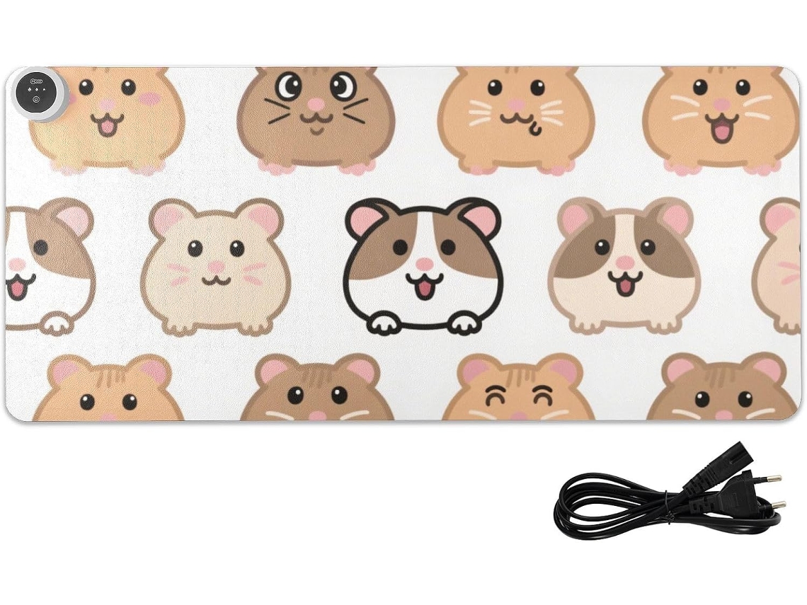 Mousepad Gamer Aquecido em Couro Marrom com Estampa de Hamster, 80 X 33 Cm, Antiderrapante, Ideal para Computa
