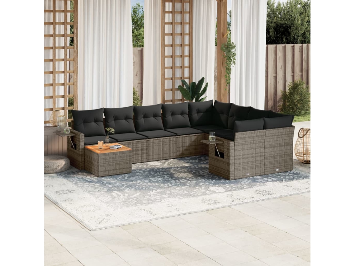 Vidaxl 10 Pcs Conjunto Sofás De Jardim C/ Almofadões Vime Pe Cinzento