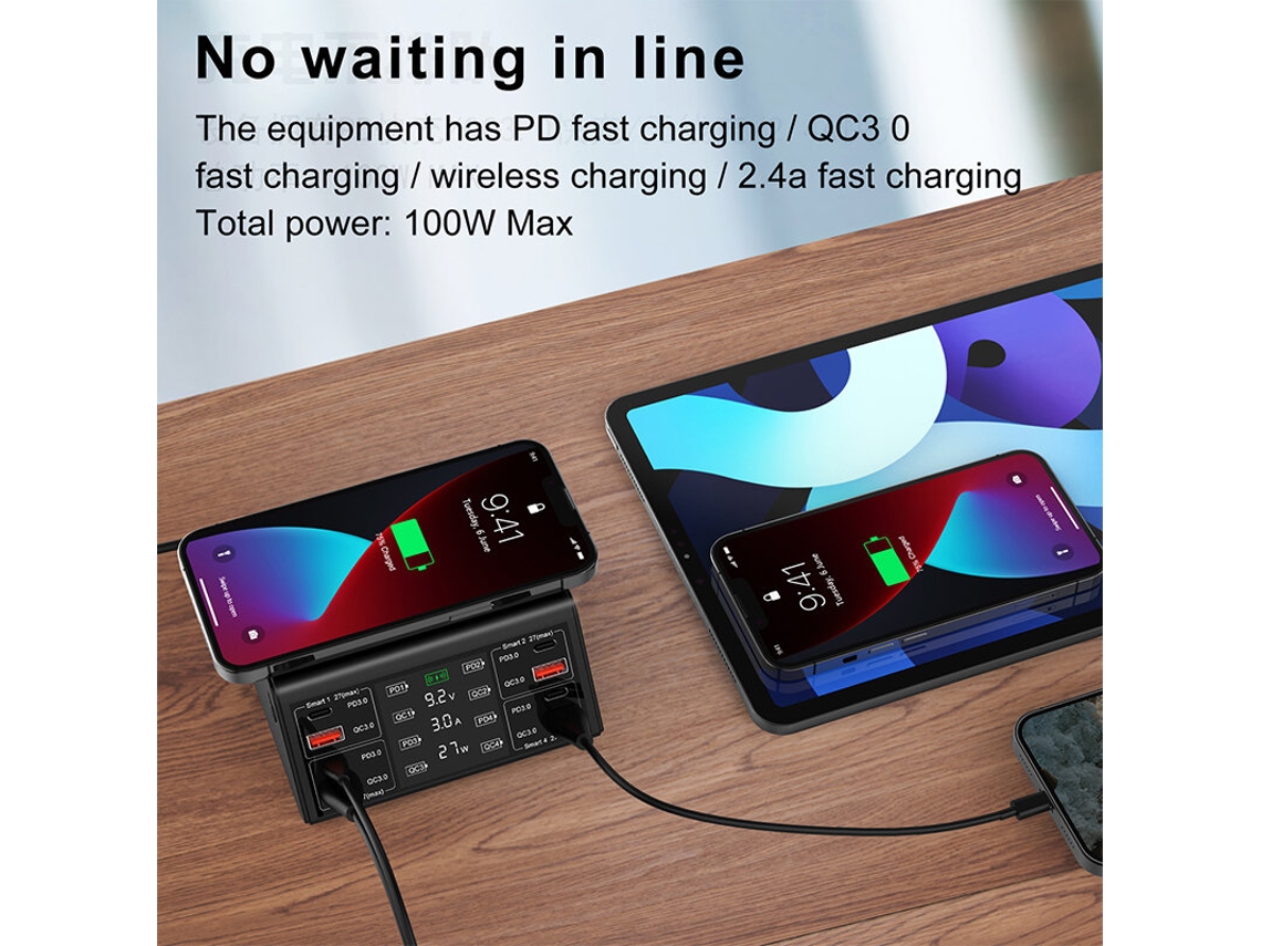 Carregador Usb Pd De 8 Portas E 100 W Com 4 Portas Usb-a Qc3.0 4 Portas Usb-c Pd3.0. Esta??o De Carregamento De Mesa