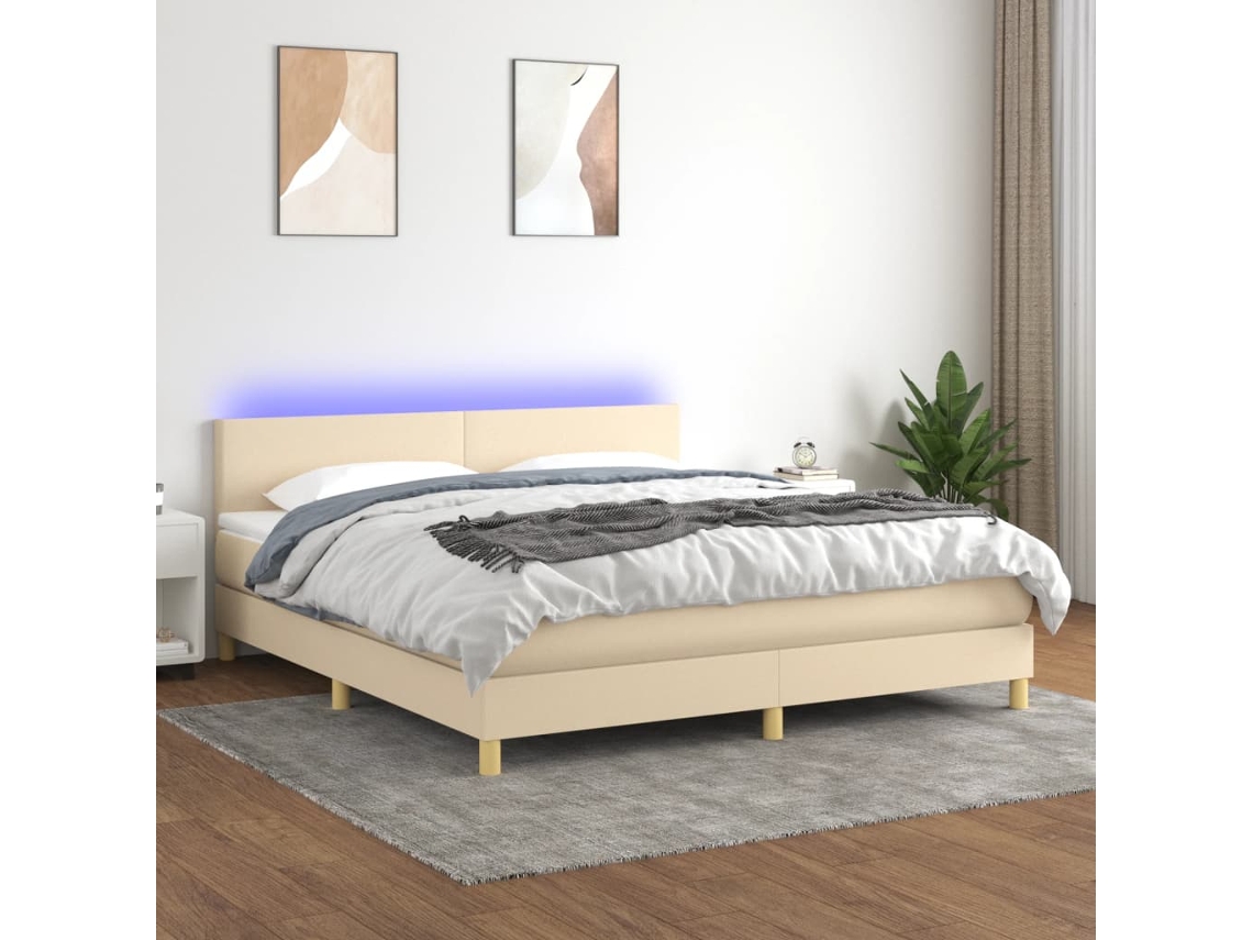 Cama Box Spring C/ Colchão E Led 160x200 Cm Tecido Cor Creme