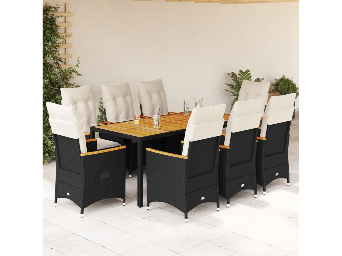 Vidaxl 9 Pcs Conjunto De Jantar P/ Jardim C/ Almofadões Vime Pe Preto