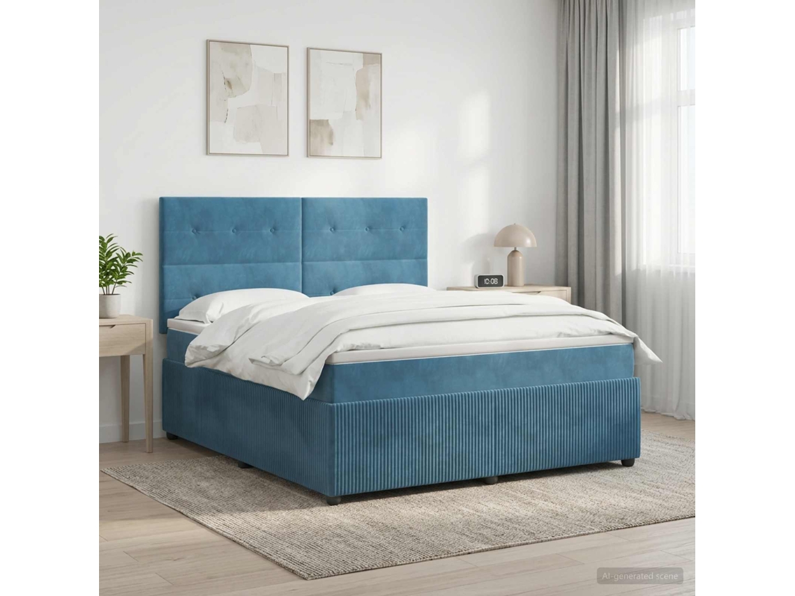 Vidaxl Cama Box Spring Com Colchão Azul 160 X 200 Cm Veludo